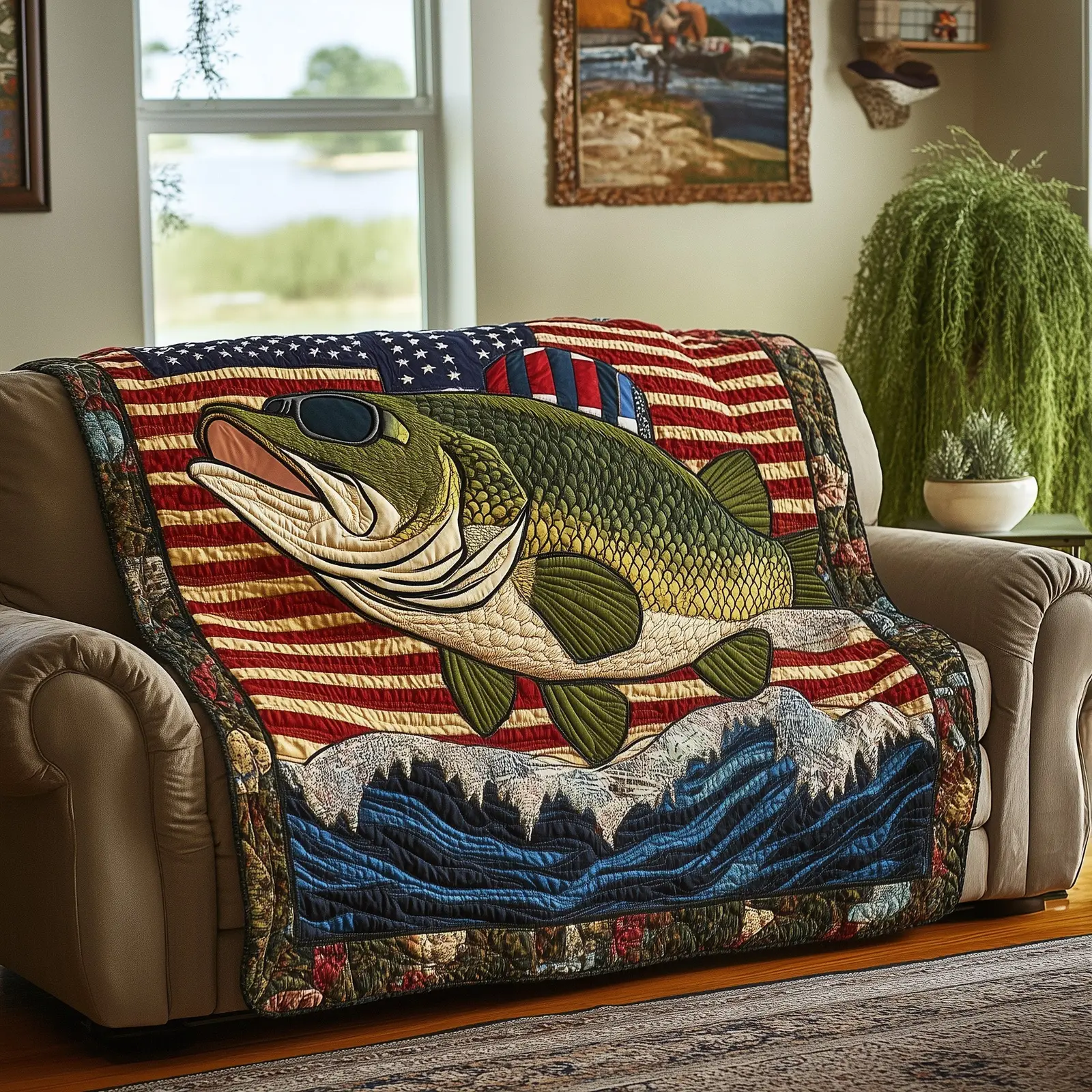 American Hooker Fishing Patriotic Bass Quilted Blanket Funny Gifts For Fishing Lovers