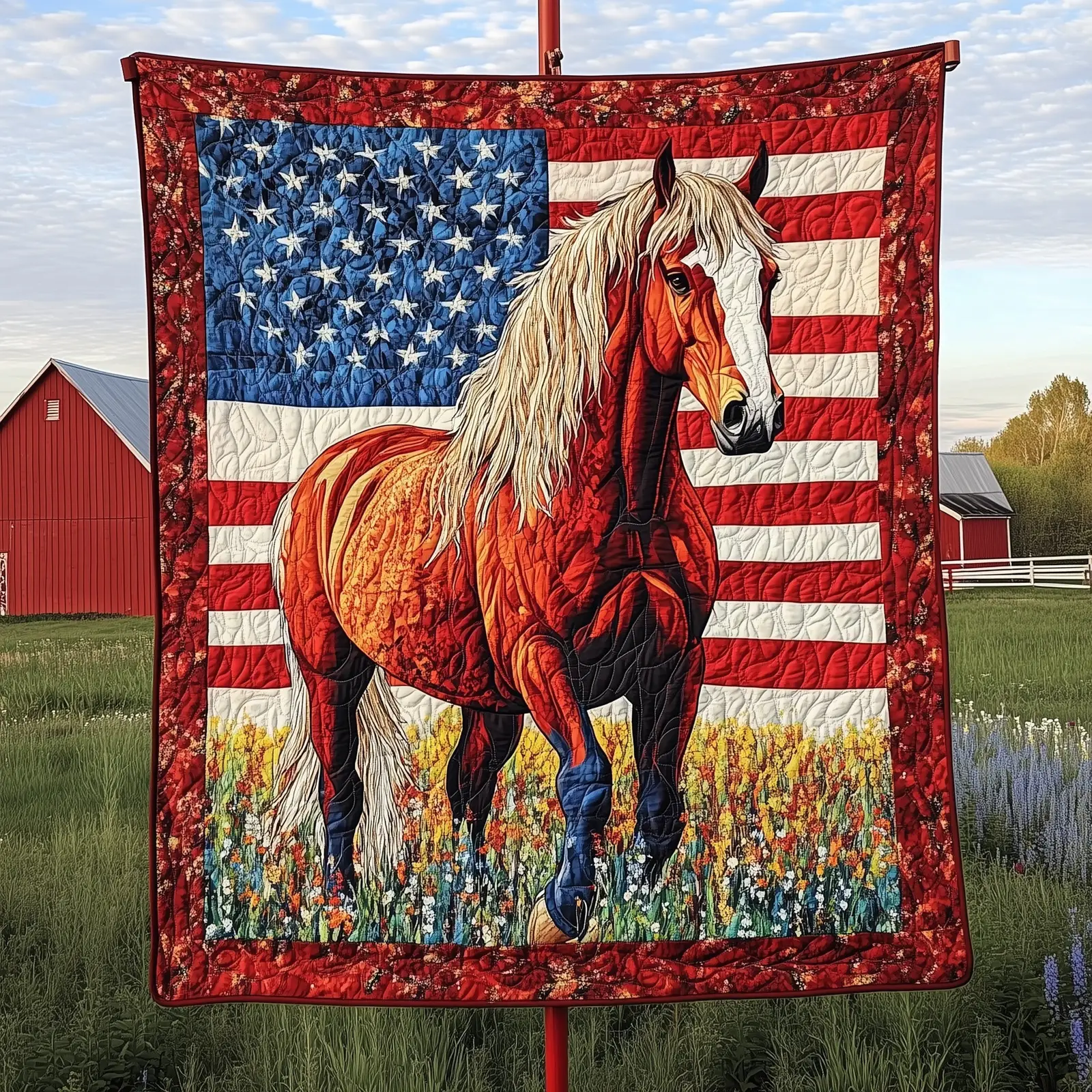 American Horse Quilted Blanket Luxury Horse Themed Throw American Flag Gift For Horse Owner