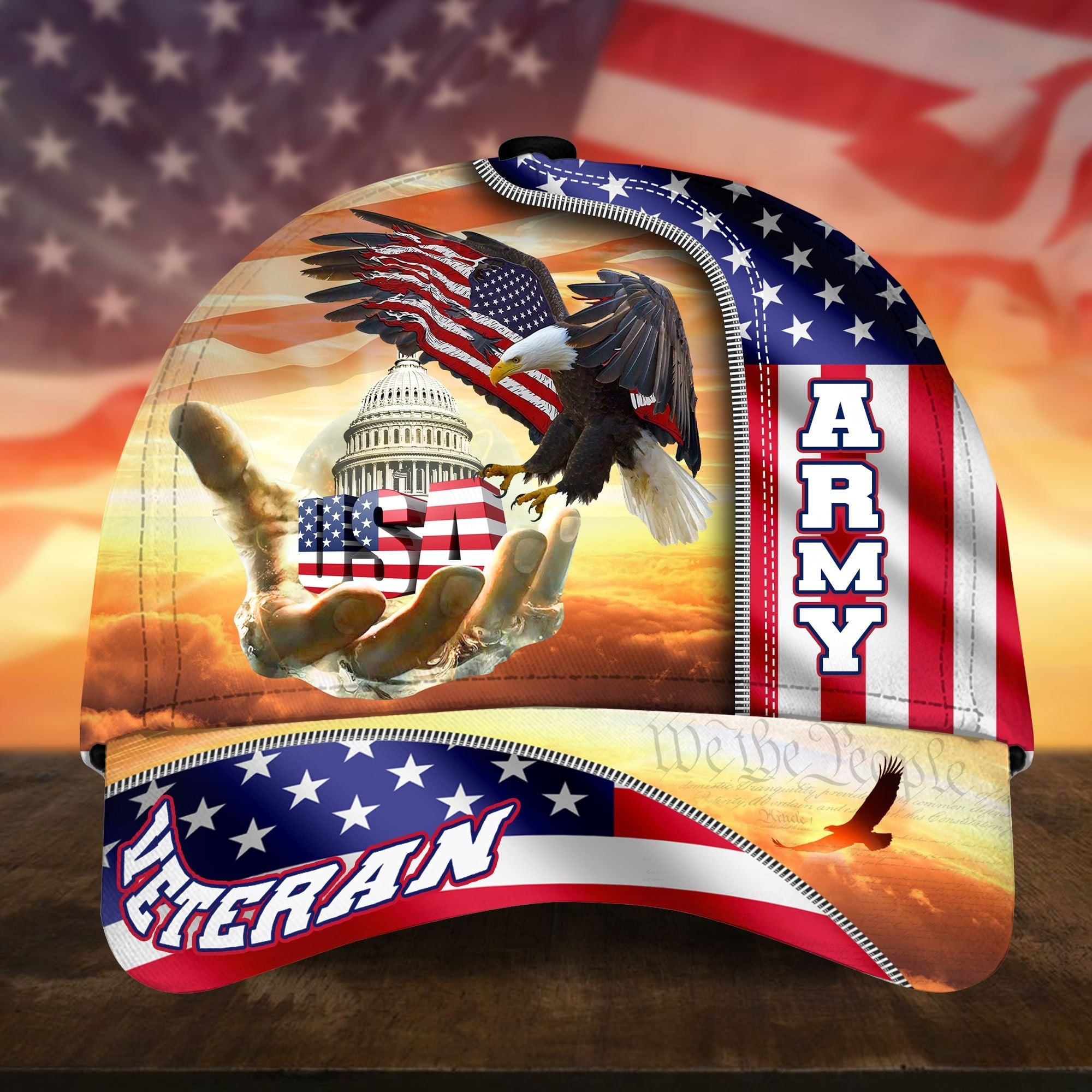 American Patriot US Veteran Hat American Flag Print Fourth of July Merch Gift
