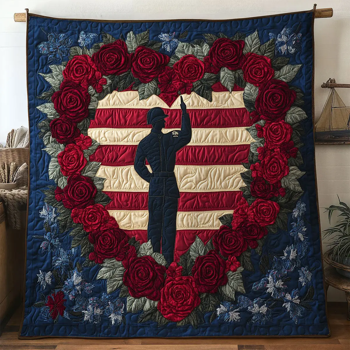 American Soldier Heart Quilt Blanket USA Flag Patriotic Gifts With Anchors On Them