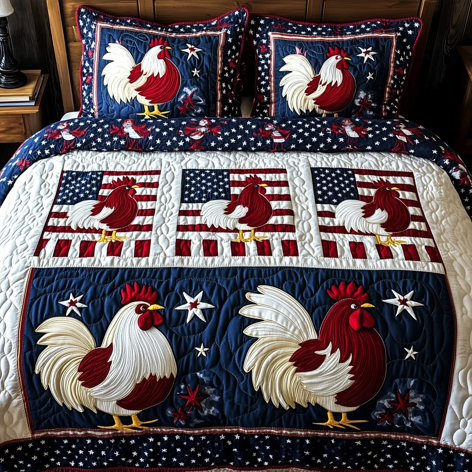 American Spirit Chickens  Quilted Bedding Set  4Th Of July Themed Gifts