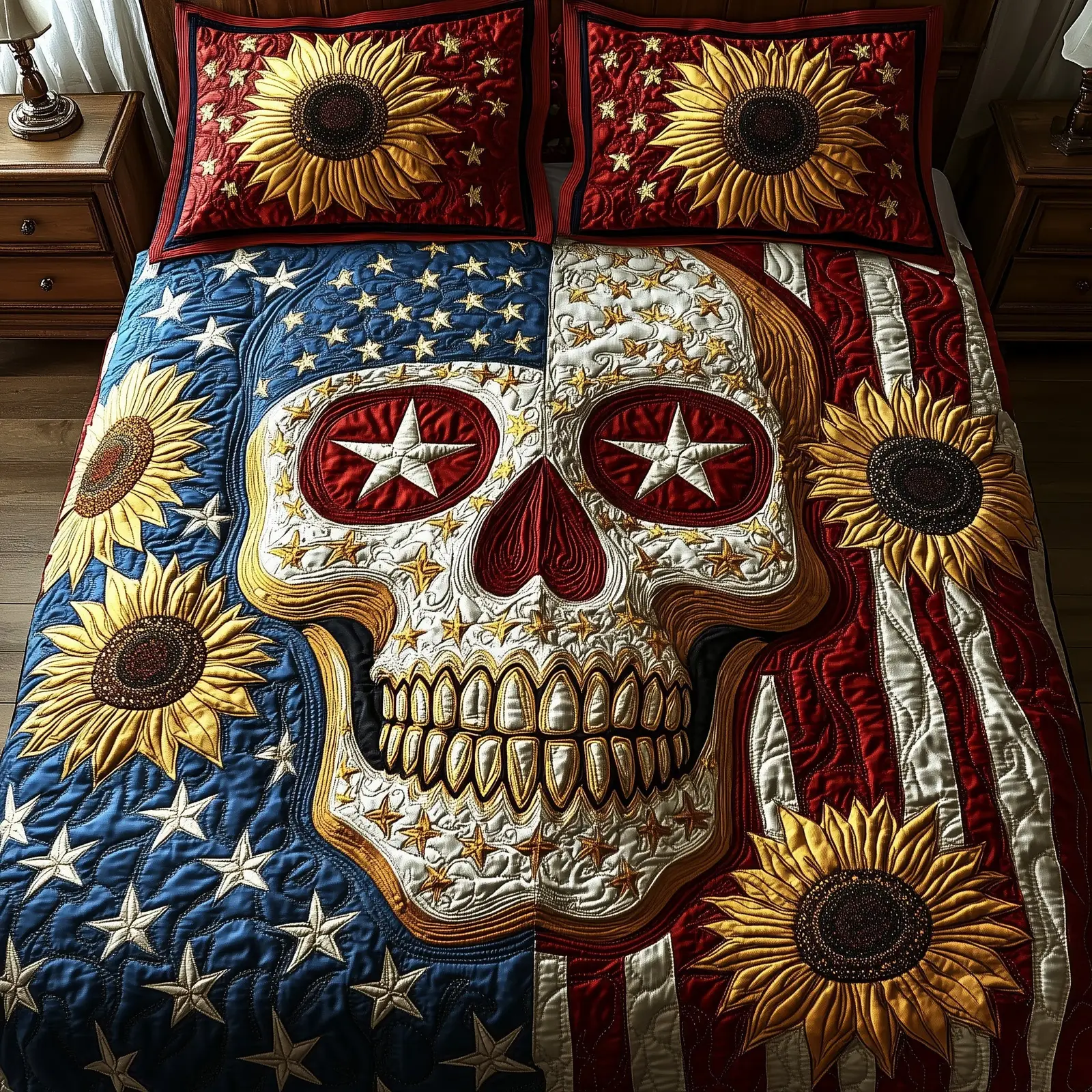 American Spirit Skull  Quilted Bedding Set  4Th Of July Gifts For Coworkers