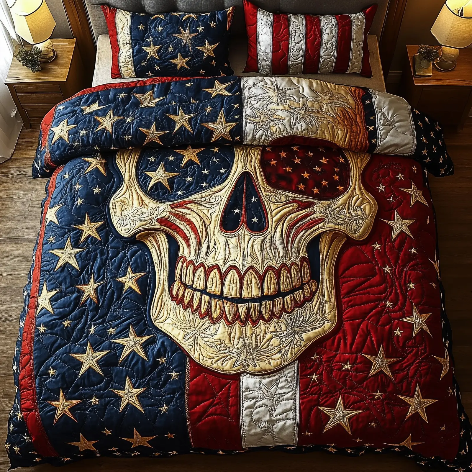 American Spirit Skull  Quilted Bedding Set  4Th Of July Gifts For Grandma