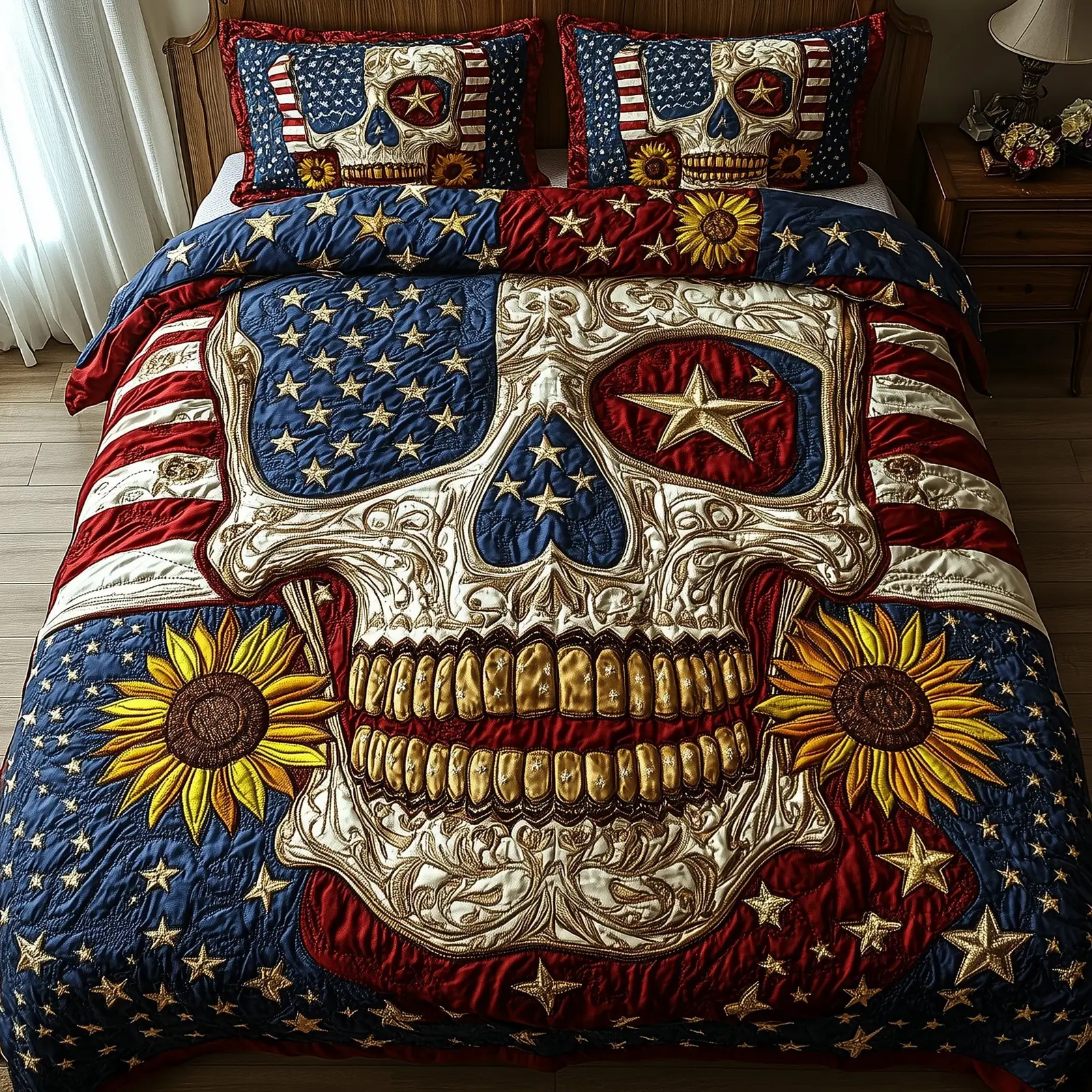 American Spirit Skull  Quilted Bedding Set Best Luxury Sheets Great Gifts For Mom