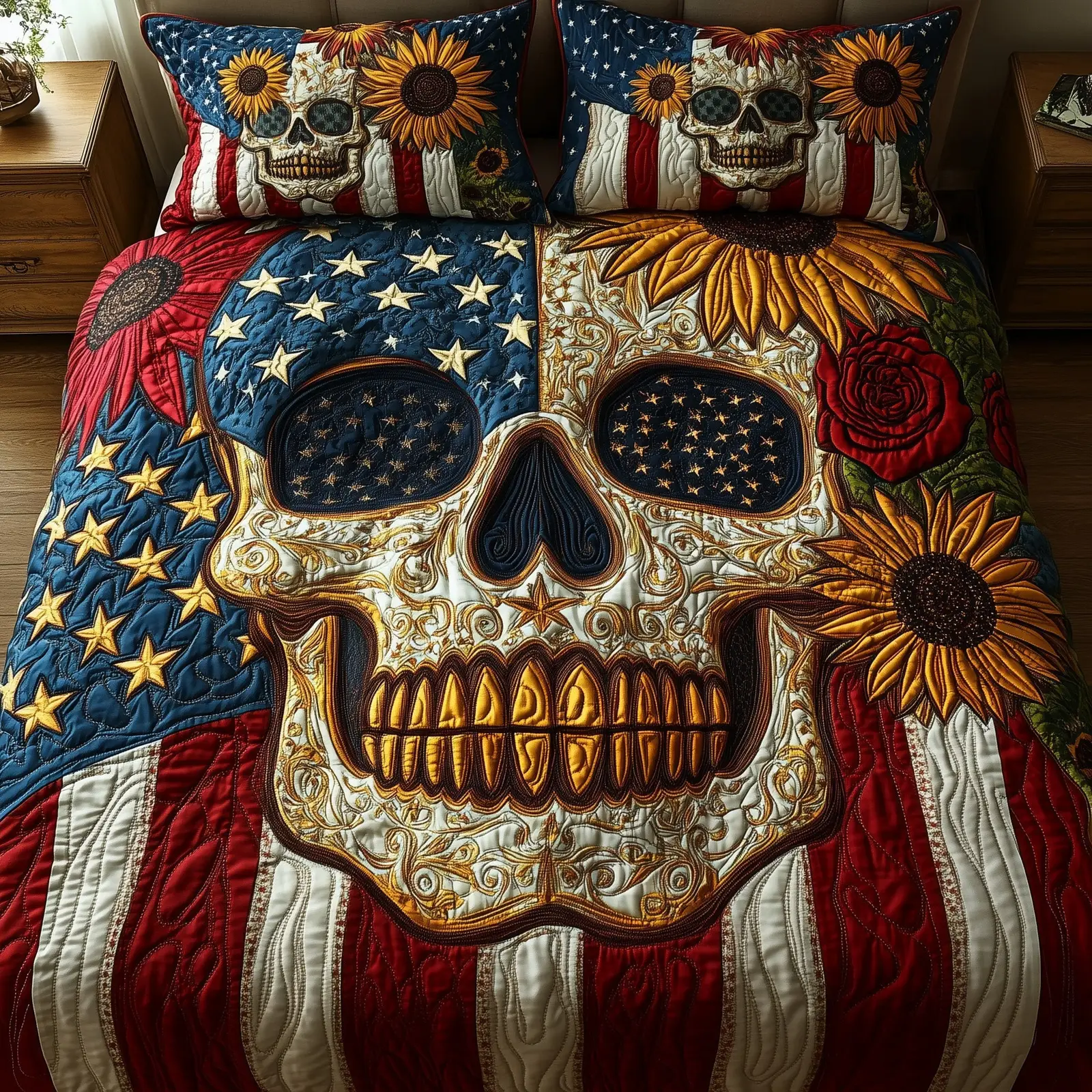 American Spirit Skull  Quilted Bedding Set Full Size Bed Set Good Gifts For Mom Birthday