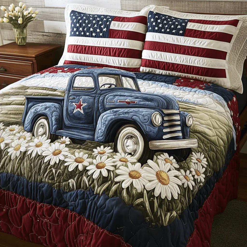 American Truck  Quilted Bedding Set  King Size Duvet Cover 4Th Of July Themed Gifts