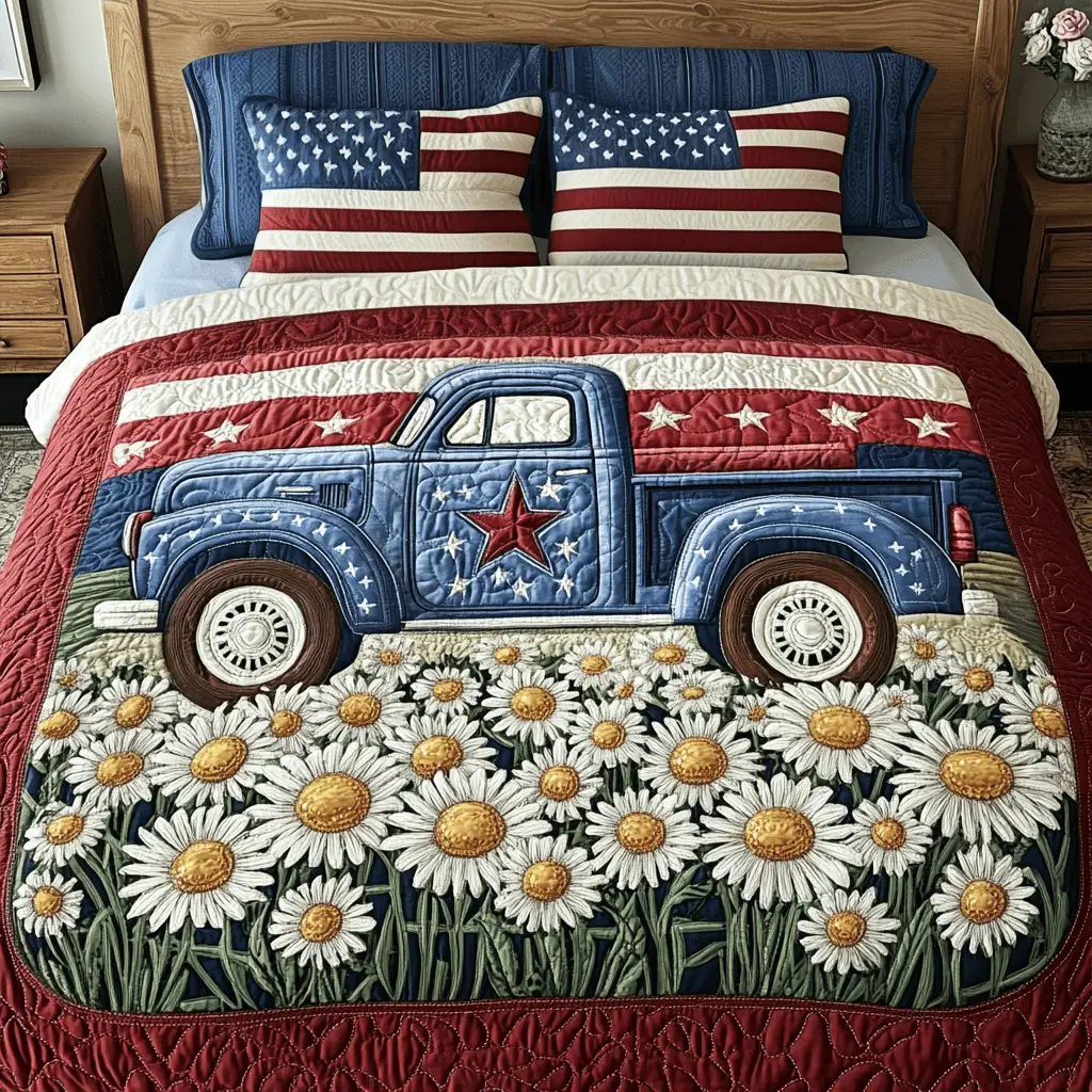Americana Vibe  Quilted Bedding Set  King Size Duvet Cover 4Th Of July Themed Gifts