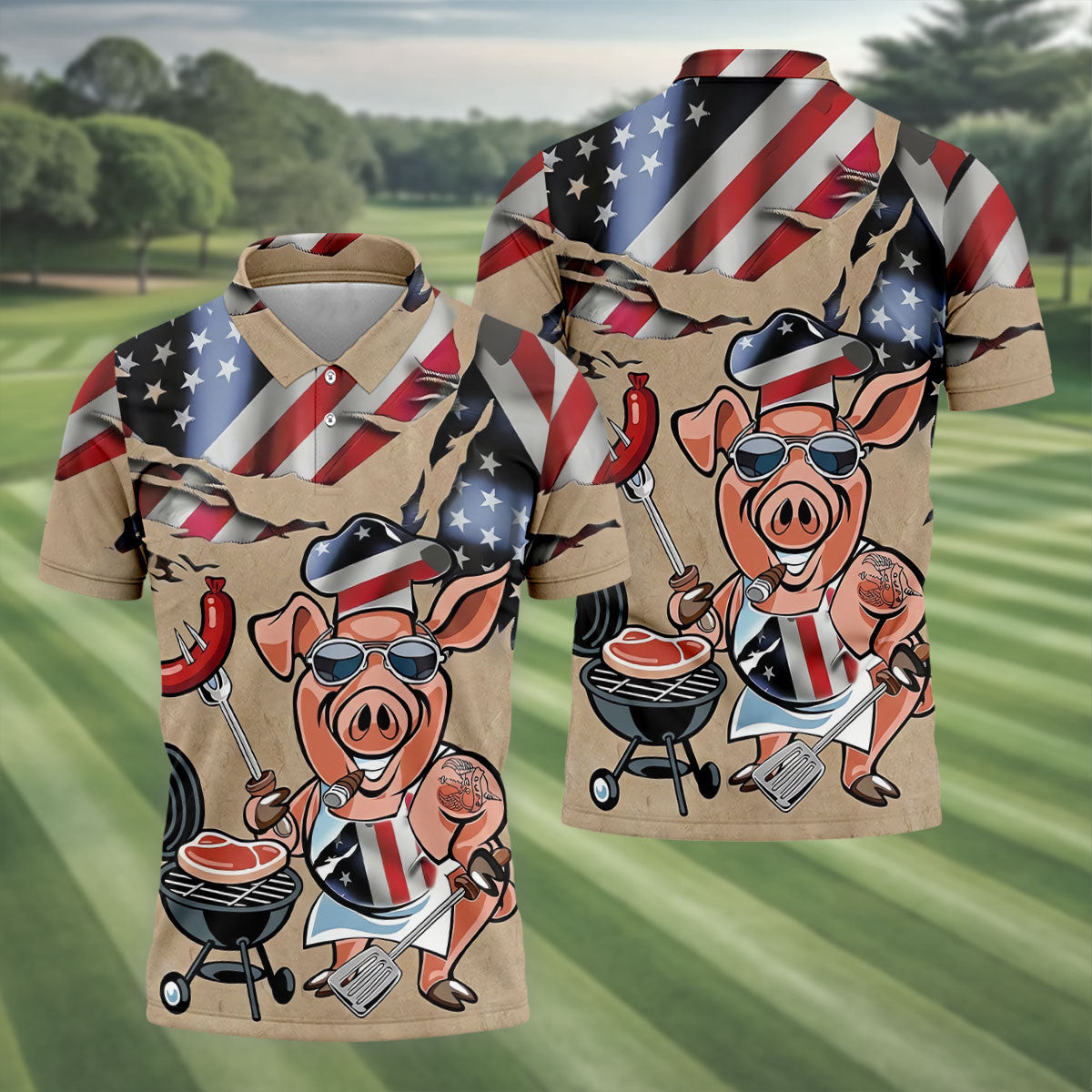 America's 250 Birthday Funny BBQ Polo Shirt Men's Patriotic Apparel Gifts For Him