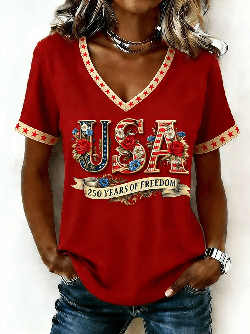 America's 250th Anniversary Shirt V-Neck 250 Years Of Freedom Design with Floral Her Gift
