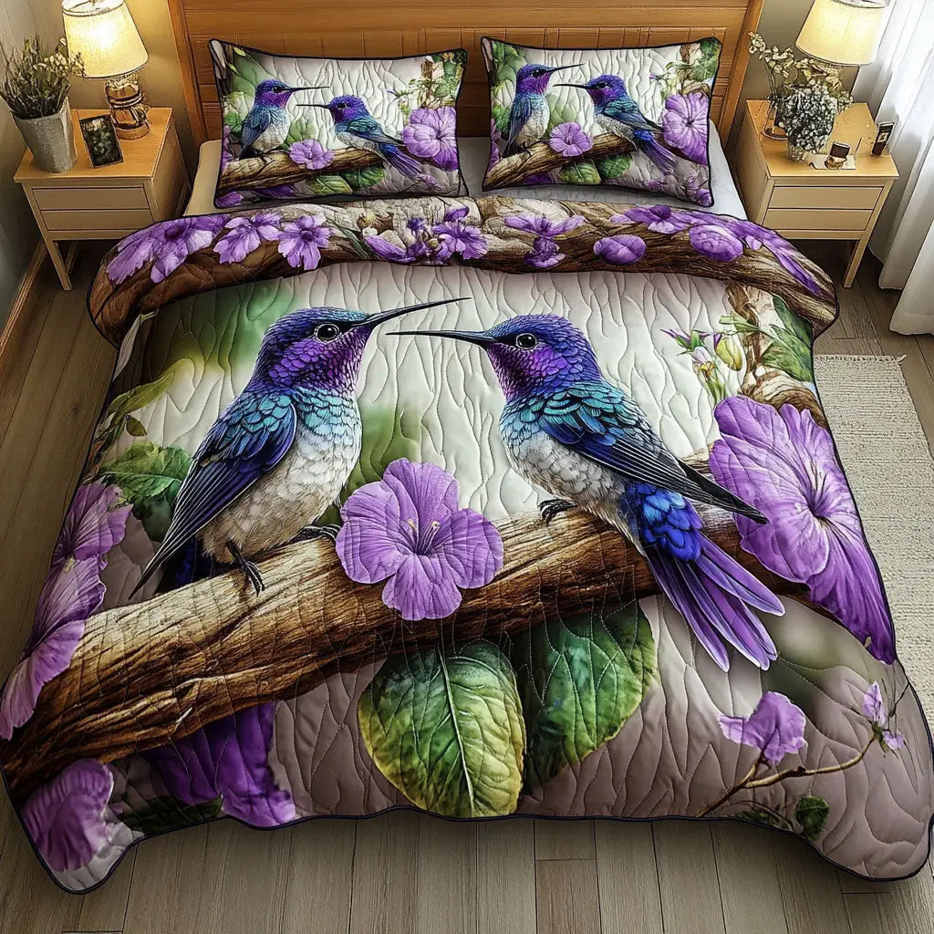 Amethyst Lovebirds Quilted Bedding Set Holiday Duvet Cover Set Novelty Hummingbird Gifts