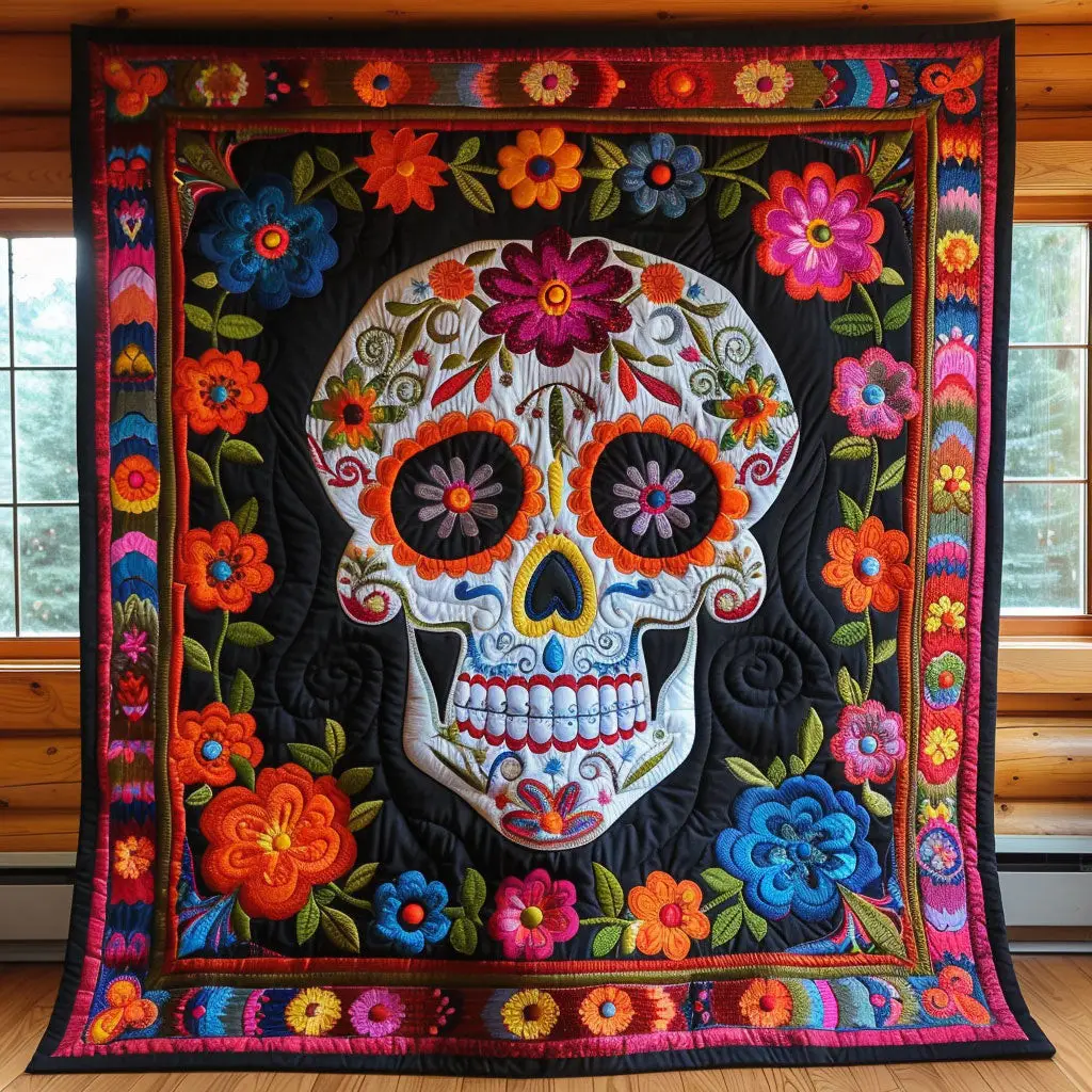 Among Flower Quilt Blanket Themed Skull Gifts For Him Her Among Flower Quilt Blanket Themed Skull Gifts For Him Her - Image 1
