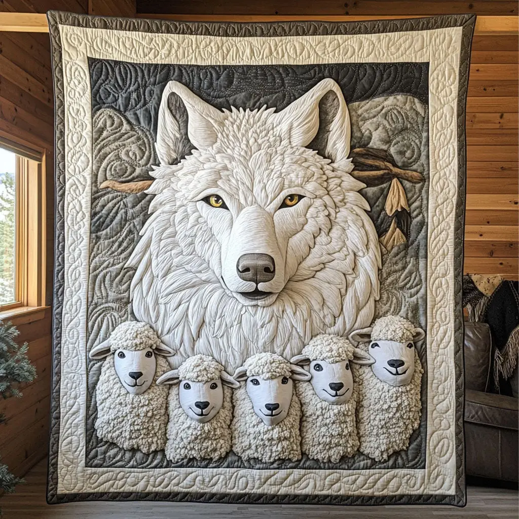 Among The Sheep Quilt Blanket Wolf And Sheep Cozy Farmhouse Wolf Themed Gifts