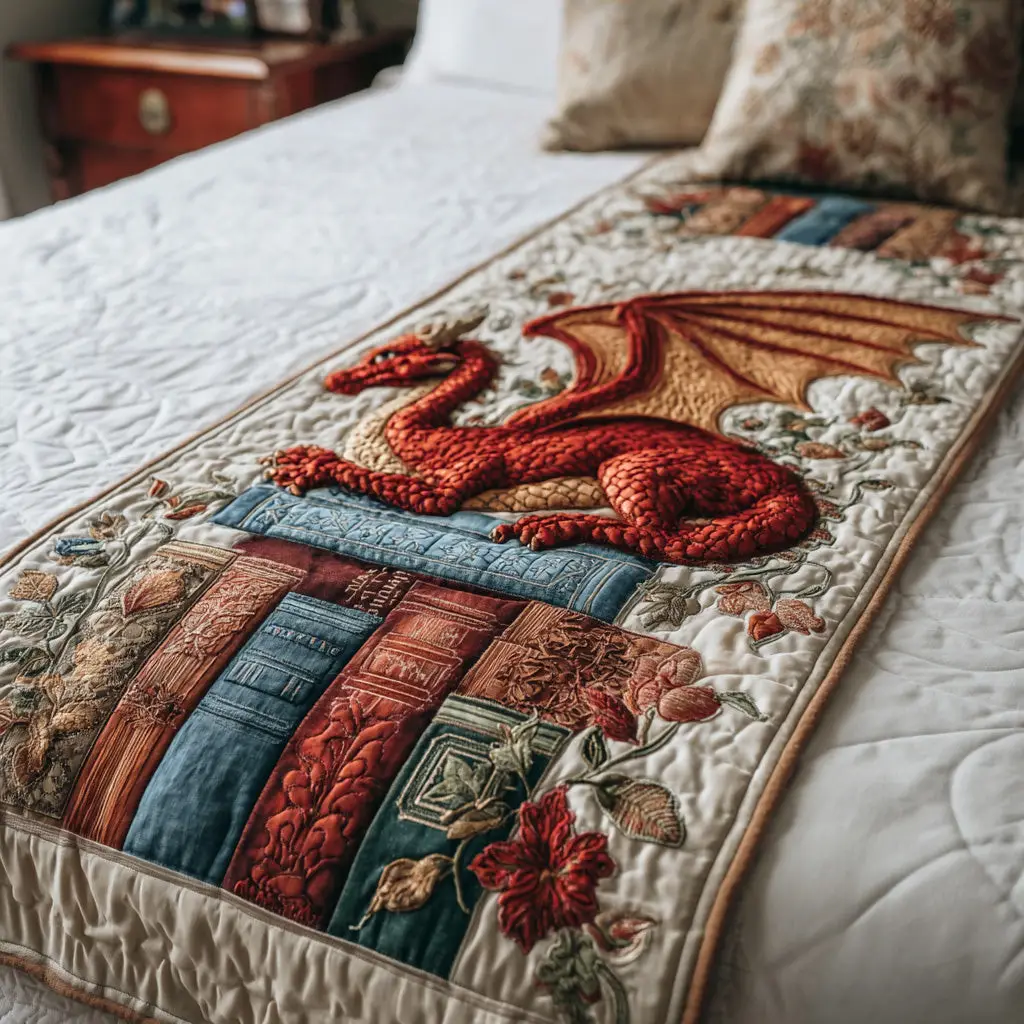 Ancient Dragon Tome Quilted Bed Runner Ancient Dragon Tome Religious Fantasy Gift