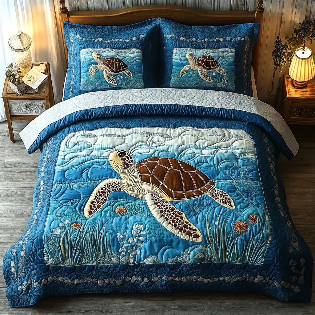 Ancient Glide Quilted Bedding Set Cool Bedroom Decor Sea Turtle Gifts For Him