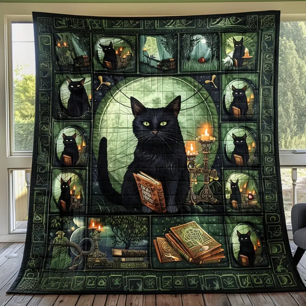 Ancient Magic Black Cats Quilted Blanket Witchy Cat Boho Decor Cozy Throw Best Gift For Cat Lovers