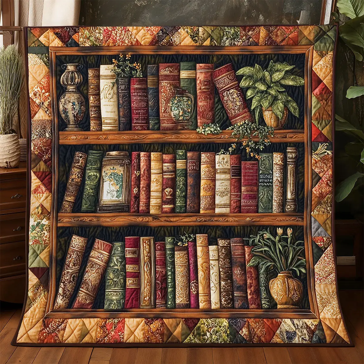 Antique Bookshelf Quilt Blanket Christmas Book Themed Birthday Presents Antique Bookshelf Quilt Blanket Christmas Book Themed Birthday Presents - Image 1
