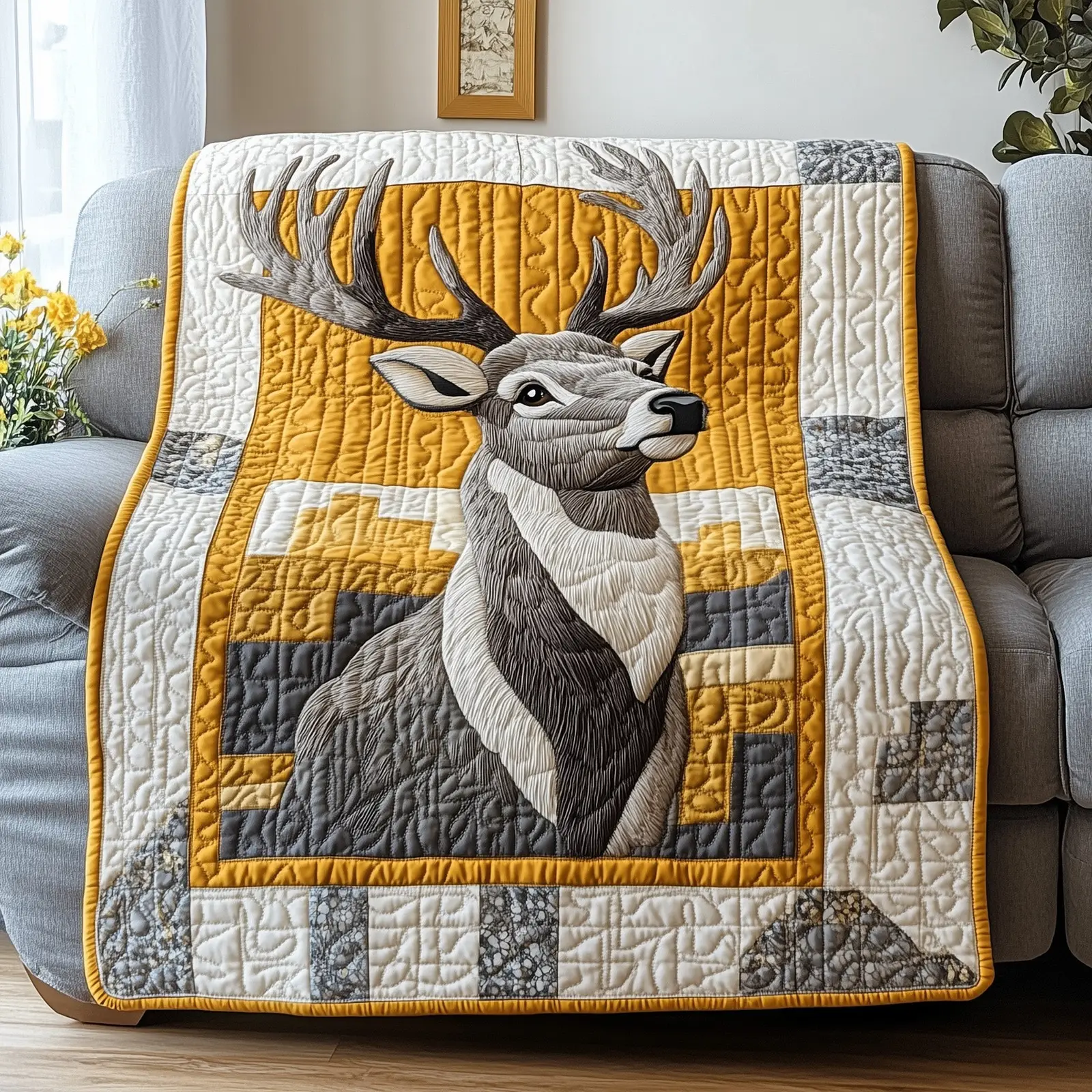 Antler Majesty Deer Head Vintage Quilted Blanket Deer Motif Retro Fleece Blanket Gift For Dad Antler Majesty Deer Head Vintage Quilted Blanket Deer Motif Retro Fleece Blanket Gift For Dad - Image 1