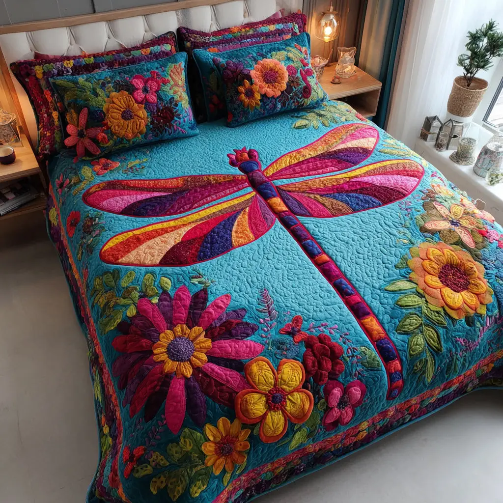 Aqua Dragonfly Quilted Bedding Set Stylish Bed Sheet Set for Modern Home
