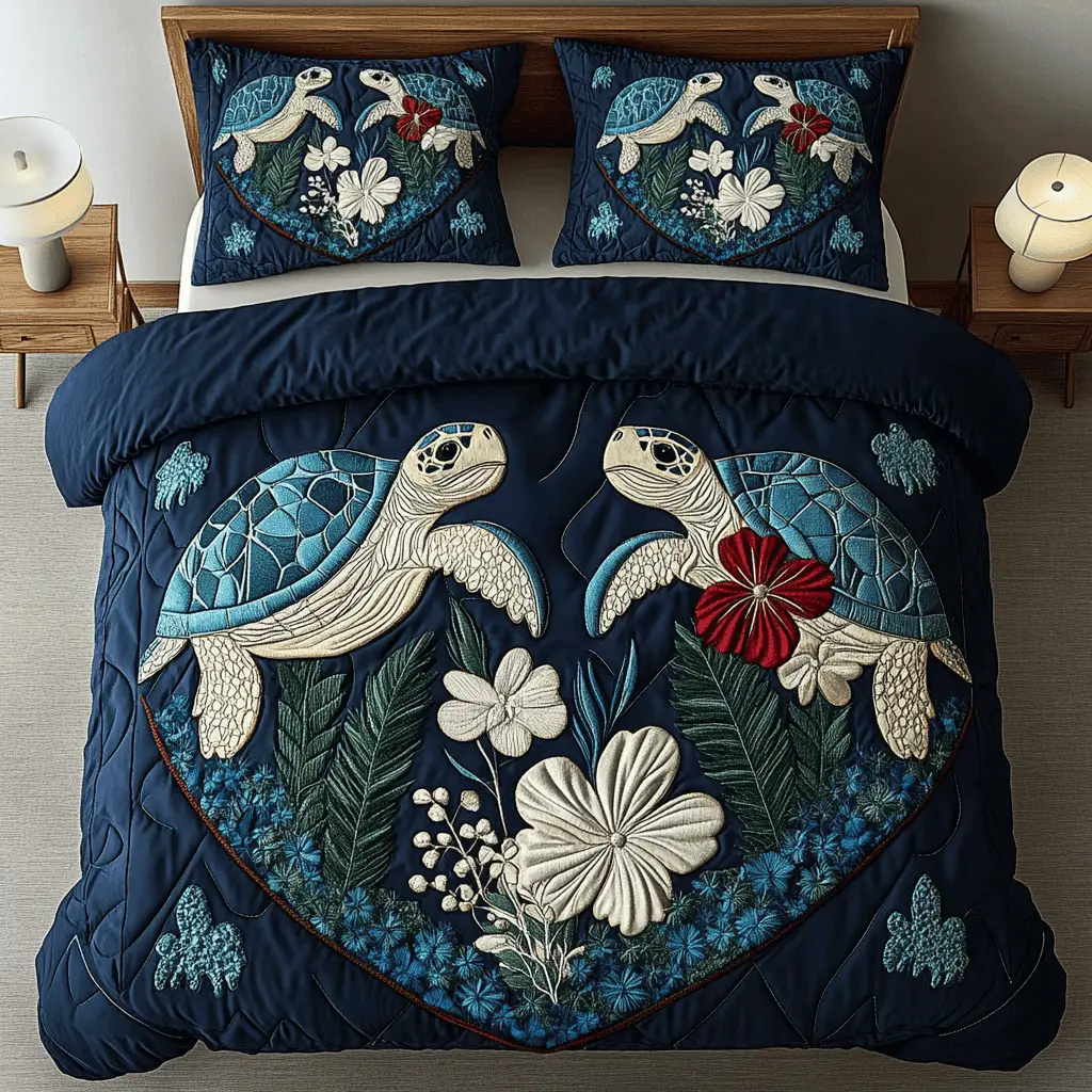 Aqua Haven Quilted Bedding Set Sea Turtle Modern Bedroom Decor Valentines Gifts For Mom