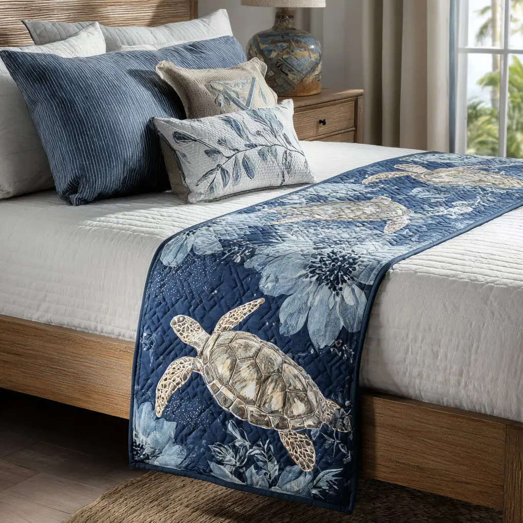 Aqua Journey Quilted Bed Runner Aqua Journey Coastal-Themed Gift