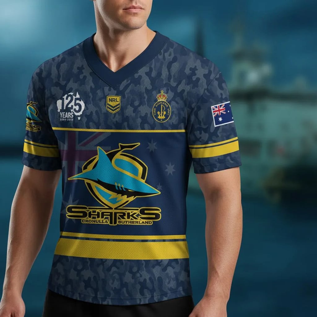 Australian Navy 125th Anniversary Commemorative NRL Sharks Rugby Jersey CS Sharks Merch