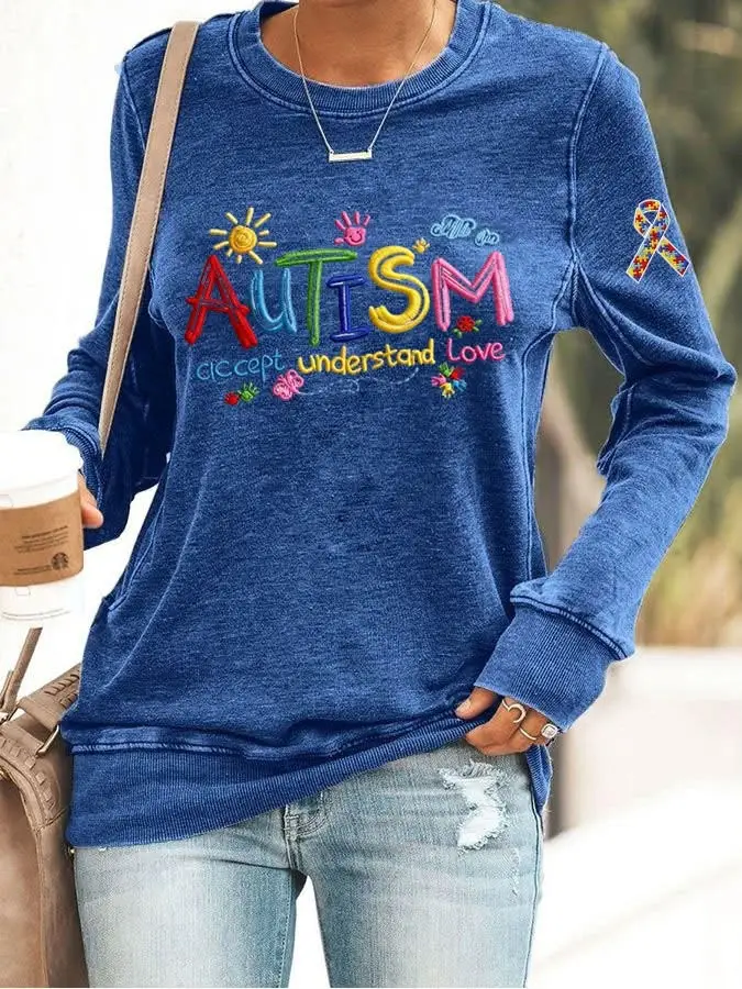Autism Accept Understand Love Sweatshirt Womens Colorful Ribbon Autism Awareness Month Merch
