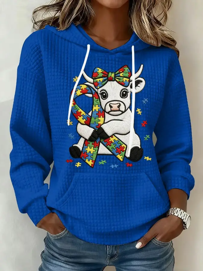 Autism Awareness Cute Cow Puzzle Ribbon Hoodie April Acceptance Month Apparel Gift For Cow Lovers