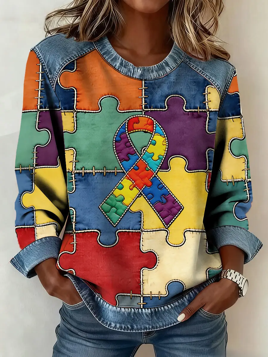 Autism Awareness Sweatshirt Women's Puzzle Piece Patchwork Clothing Autism Support Gifts