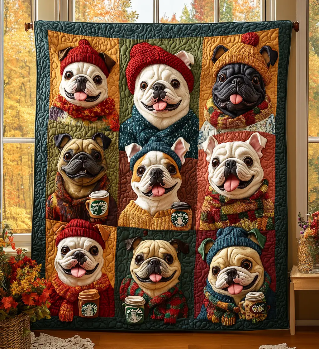 Autumn Bulldog Cute Dog Brown Quilted Blanket Brown Dog Best Gifts For French Bulldog Owners