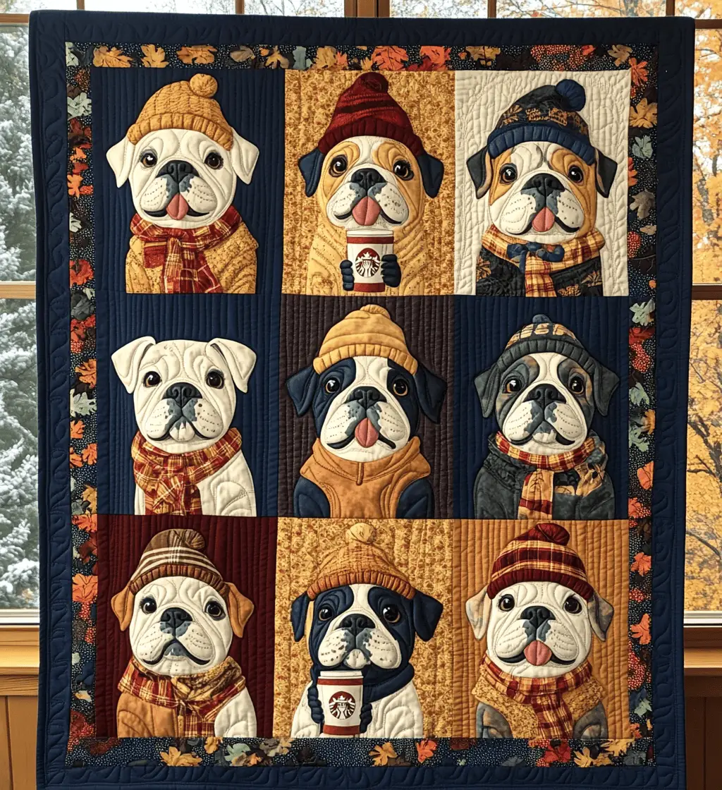 Autumn Bulldog Cute Dog Color Quilted Blanket Colorful Dog Best Gifts For French Bulldog Owners