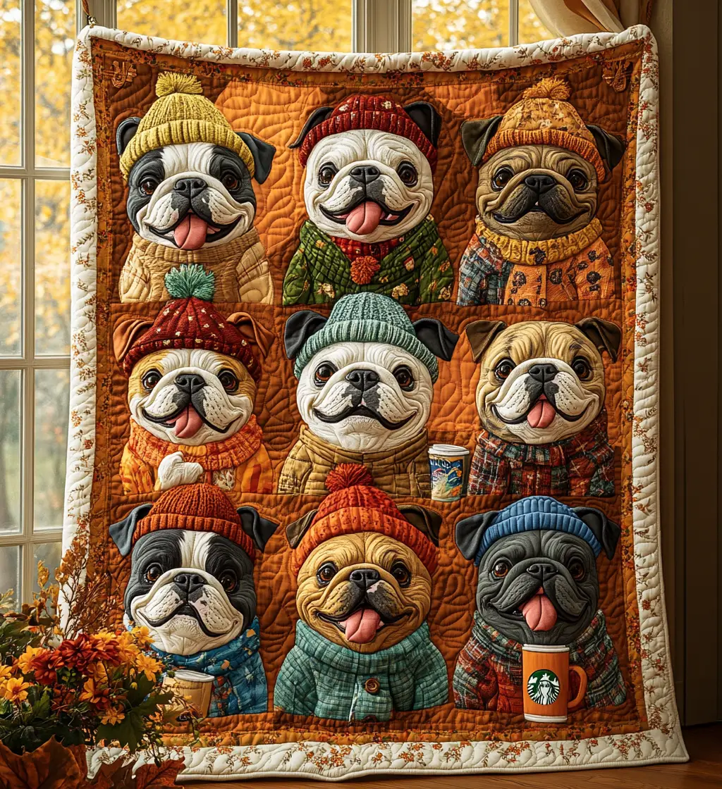 Autumn Bulldog Cute Dog Green Quilted Blanket Green Dog Best Gifts For French Bulldog Owners