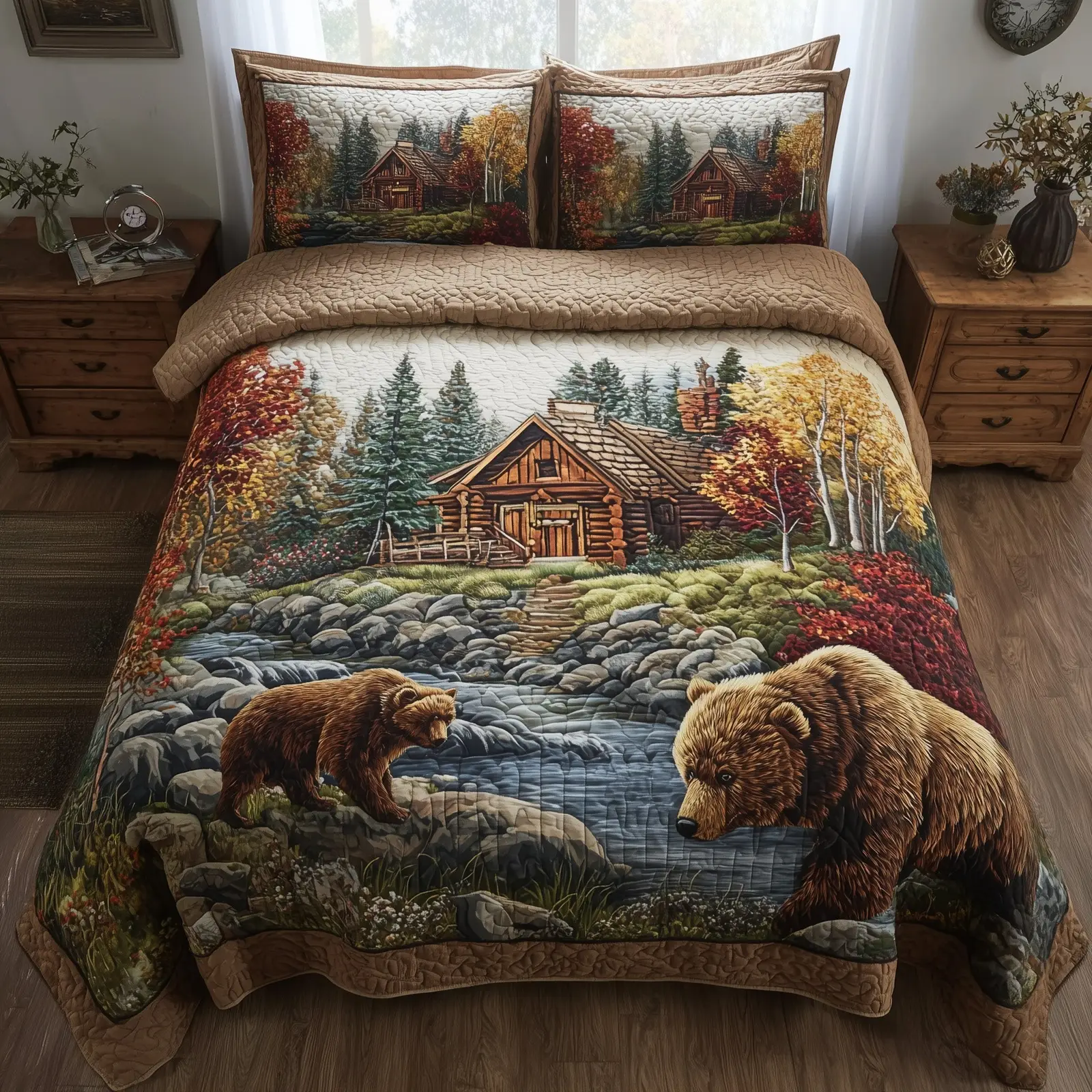 Autumn Cabin Glow Quilted Bedding Set Duvet Cover Log Cabin Best Bear Gift Ideas