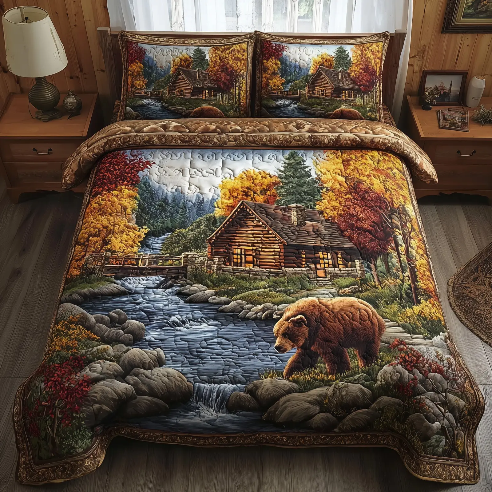Autumn Cabin Glow Quilted Bedding Set Duvet Cover Log Cabin Gifts For Bear Lovers