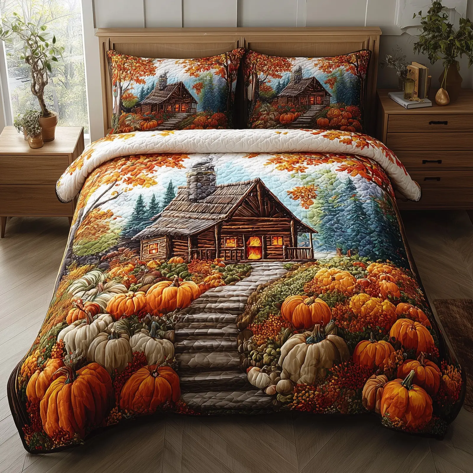 Autumn Cabin Glow Quilted Bedding Set Duvet Cover Log Cabin Pumpkin Autumn Themed Gifts