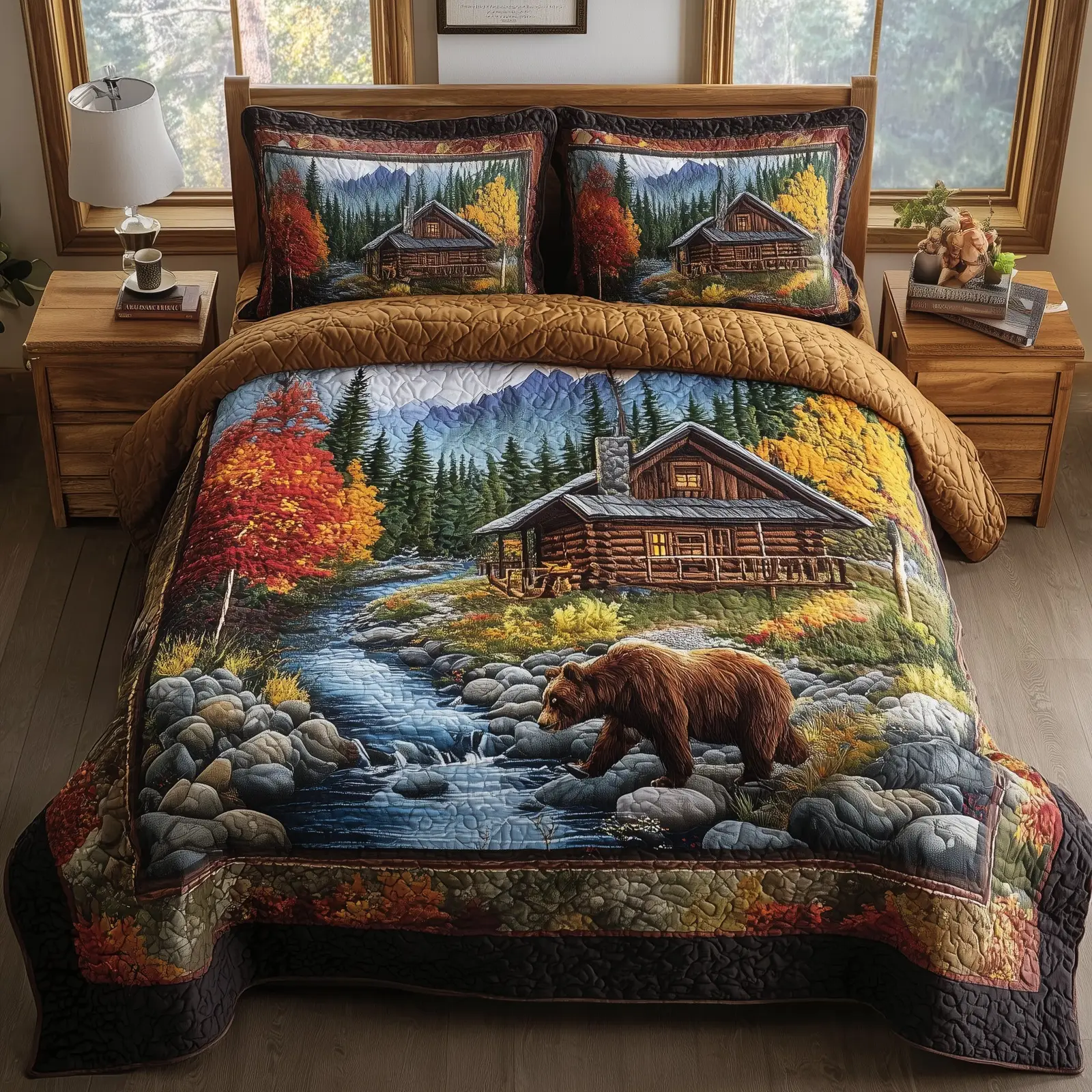 Autumn Cabin Glow Quilted Bedding Set Duvet Cover Presents For Bear Lovers