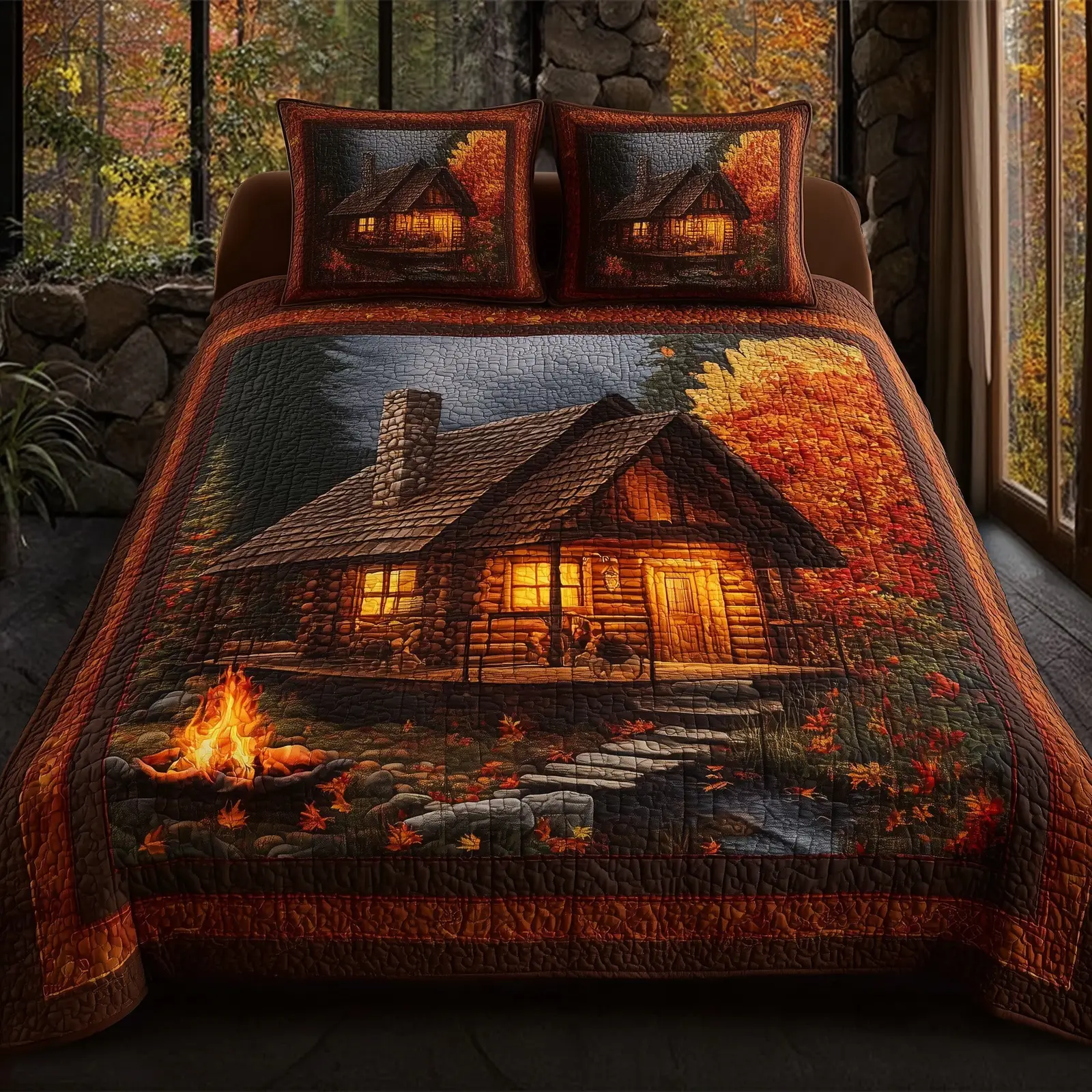 Autumn Cabin Quilted Bedding Set Bedroom Decor Gifts For People Who Like Camping