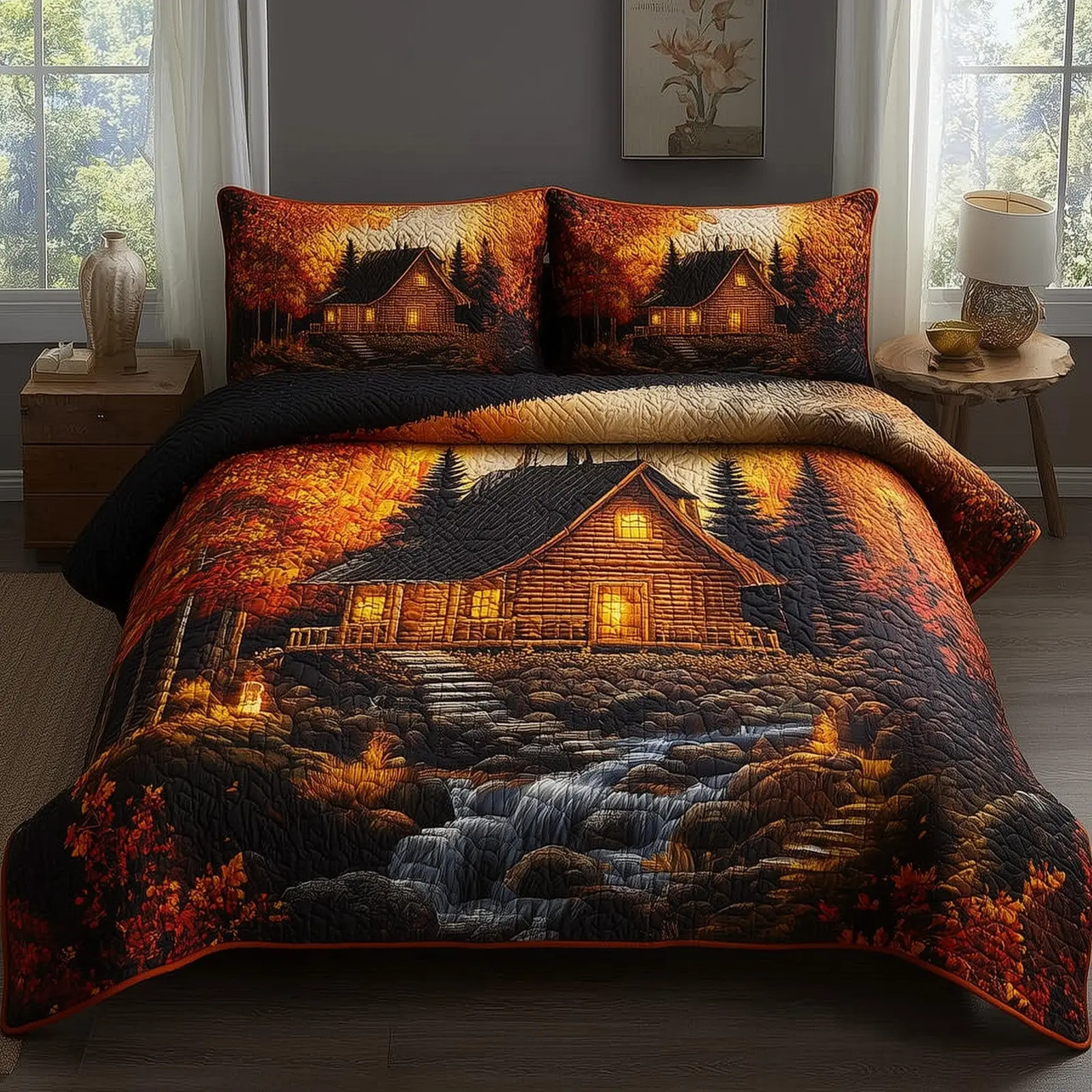 Autumn Cabin Quilted Bedding Set Bedspread Fall Autumn Gifts For Her
