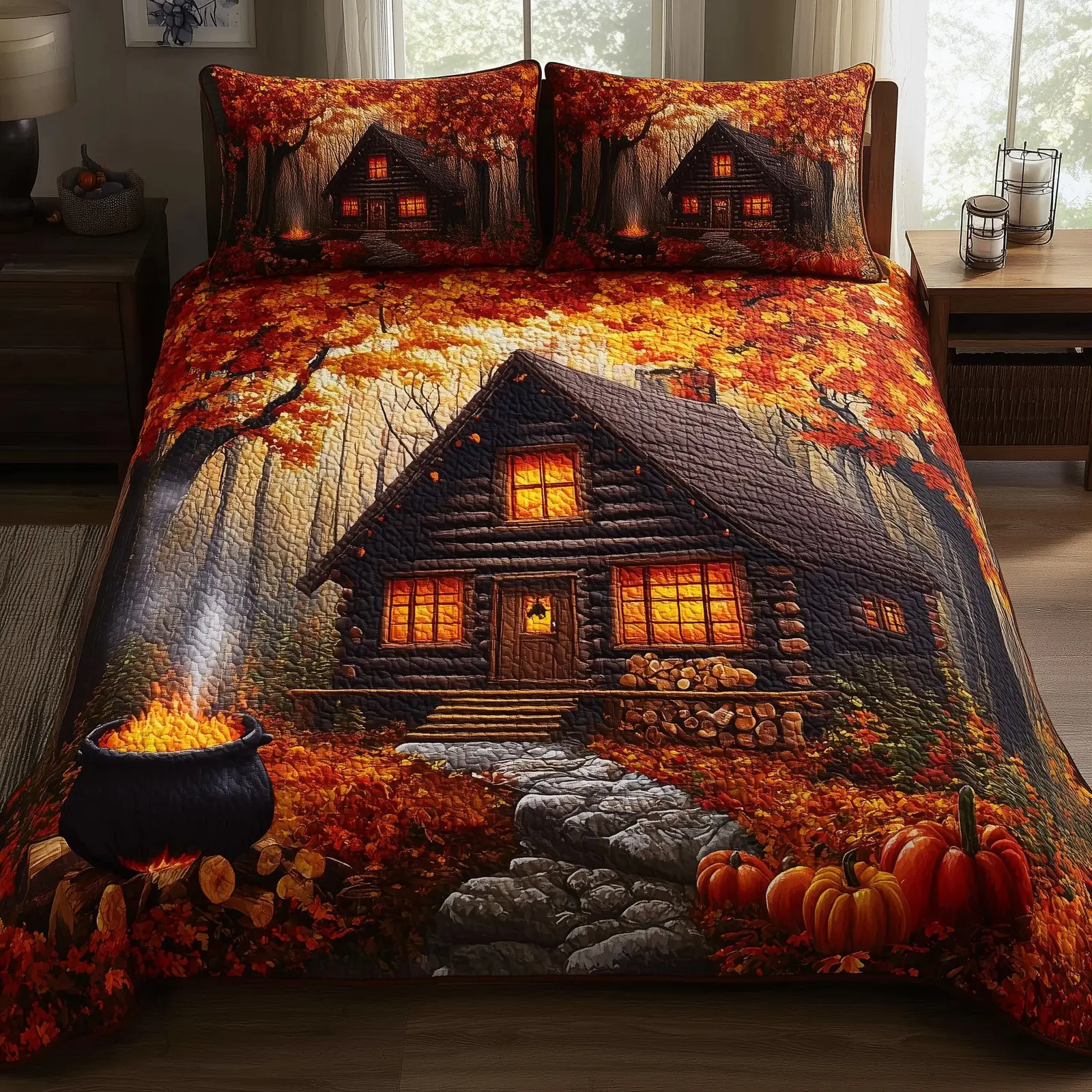 Autumn Cabin Quilted Bedding Set Bedspread Farmhouse Fall Autumn Gifts For Her