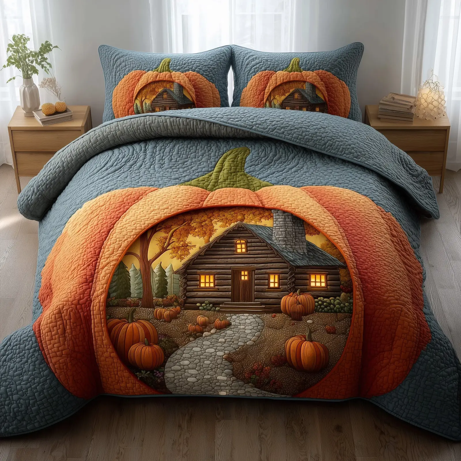 Autumn Cabin Quilted Bedding Set Duvet Bed Set Farmhouse Autumn Gift Ideas