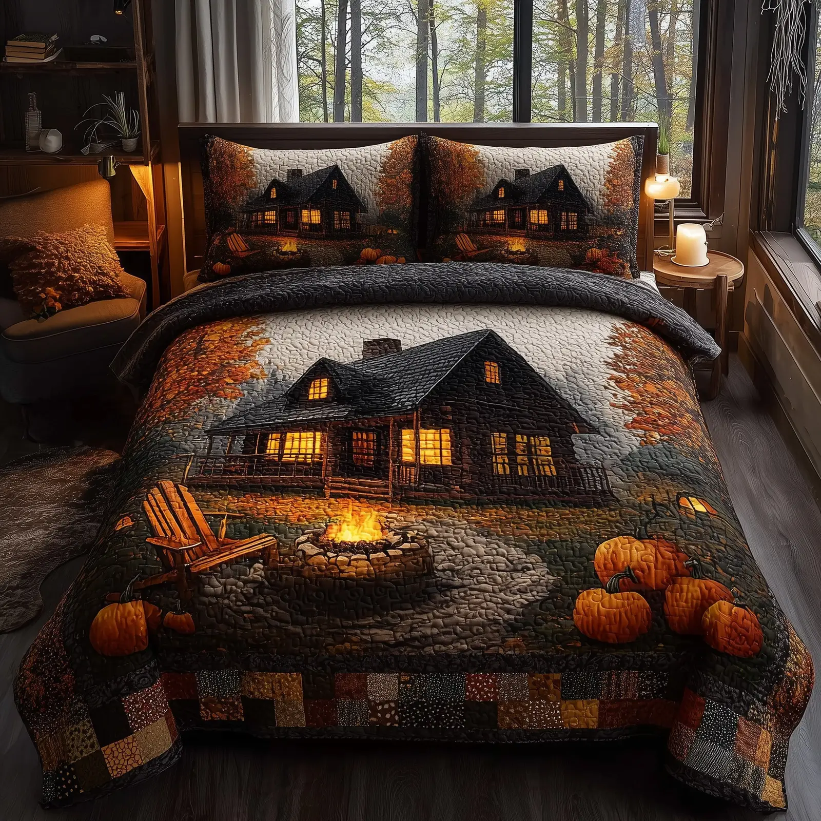 Autumn Cabin Quilted Bedding Set Duvet Bed Set Gifts For Camping Lovers