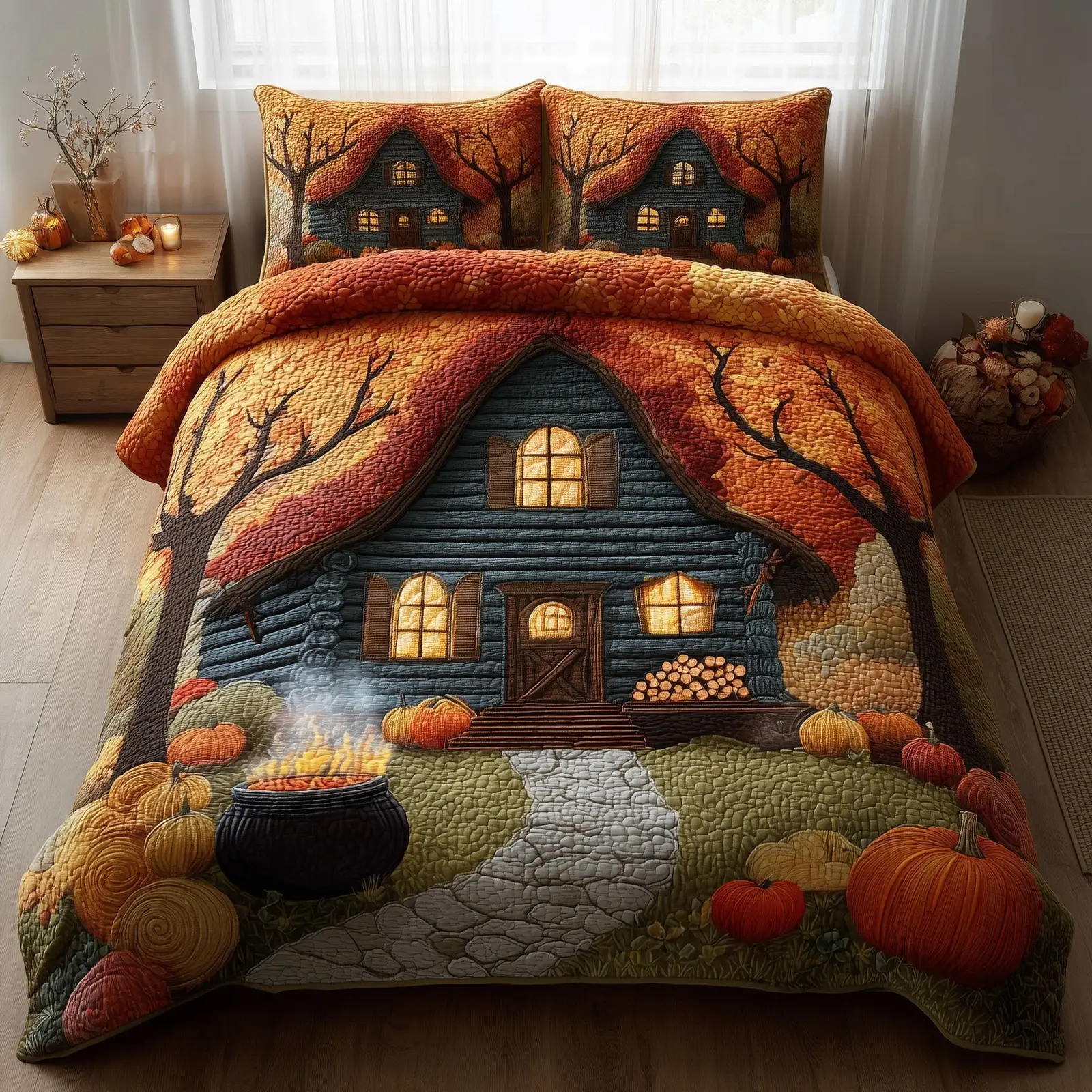 Autumn Cabin Quilted Bedding Set Duvet Cover Bedspread Farmhouse Autumn Gifts Items