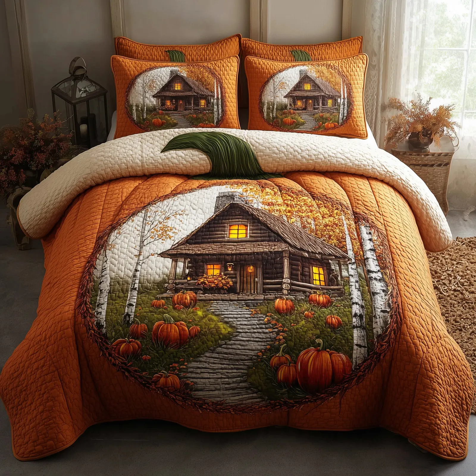 Autumn Cabin Quilted Bedding Set Duvet Cover Farmhouse Autumn Themed Gifts