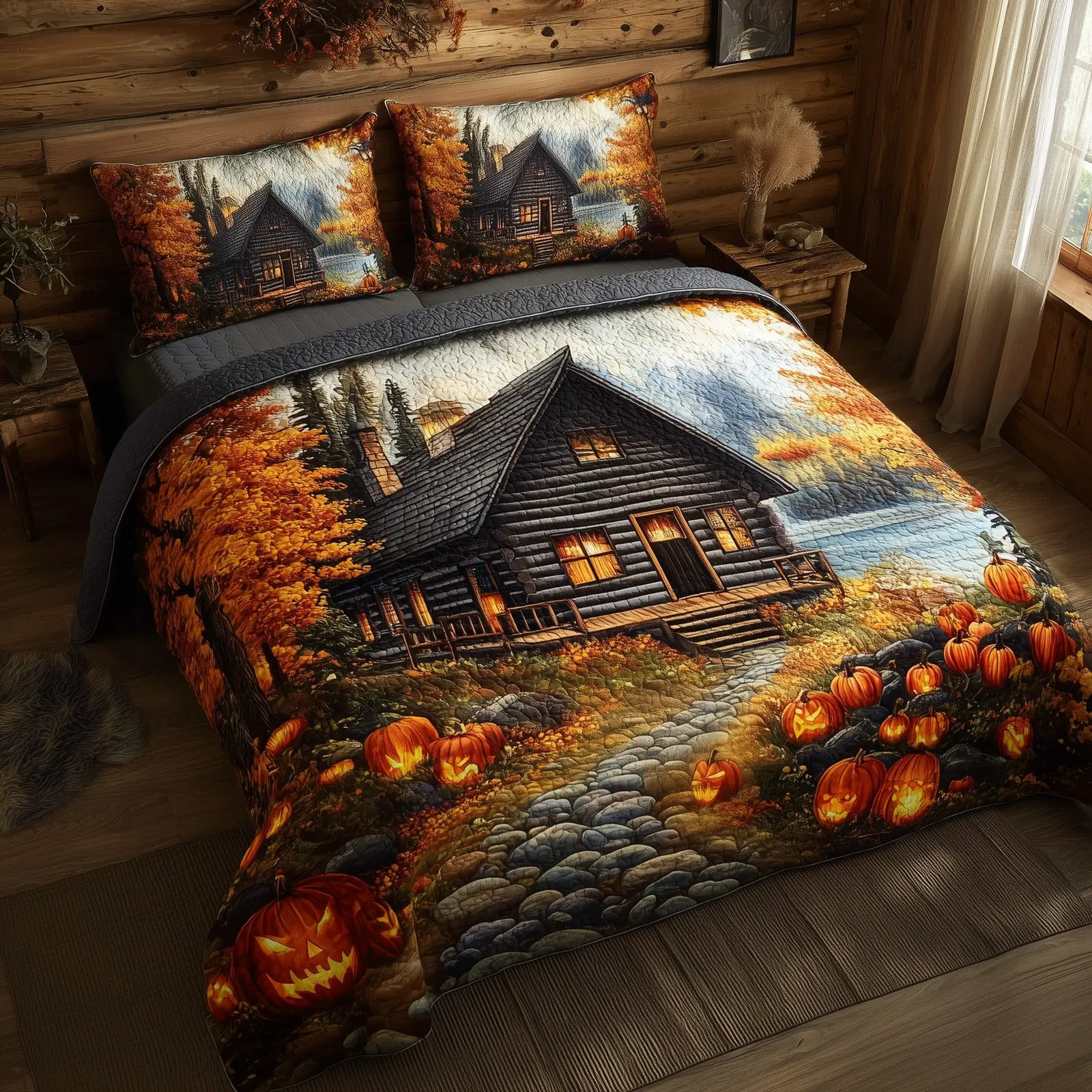 Autumn Cabin Quilted Bedding Set Room Decor Farmhouse Fall Autumn Season Gifts