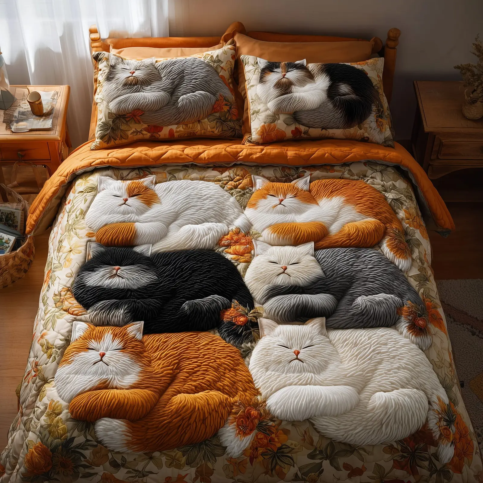 Autumn Cat Nap Quilted Bedding Set Duvet Bed Set Cute Gift For Cat Lovers and Women