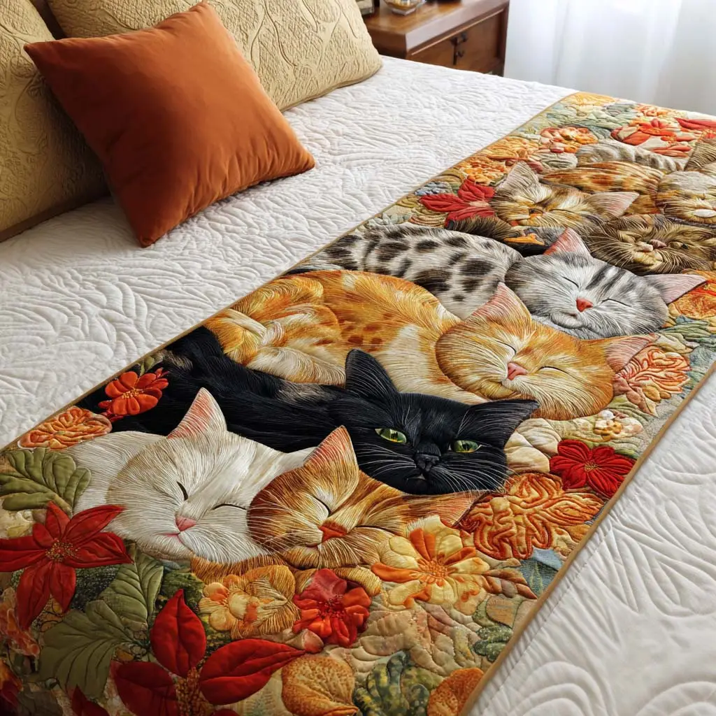Autumn Cats Quilted Bed Runner Autumn Cat Scene Seasonal Home Gift