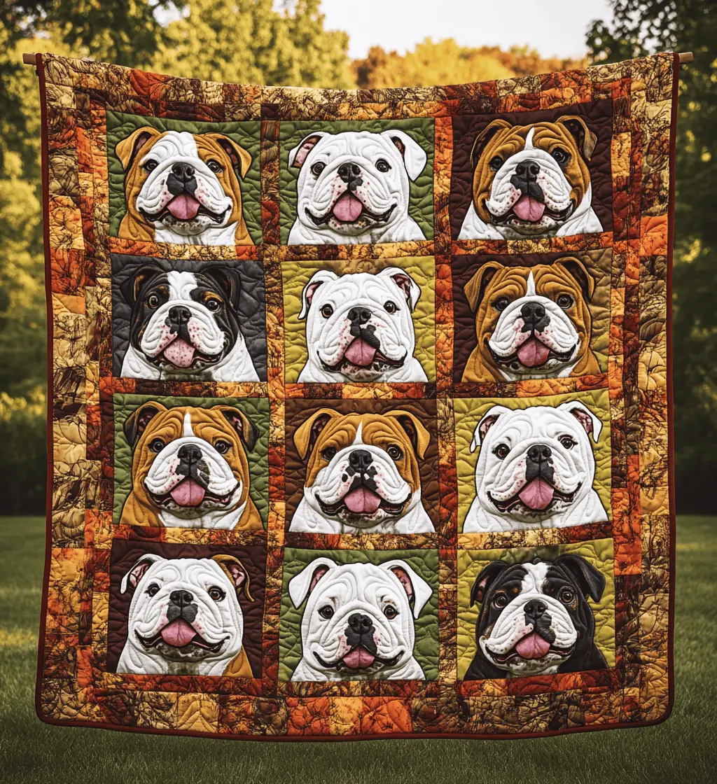 Autumn Cute Bulldog Fall Theme Leaves Quilted Blanket Adorable Dog Gifts For French Bulldog Owners