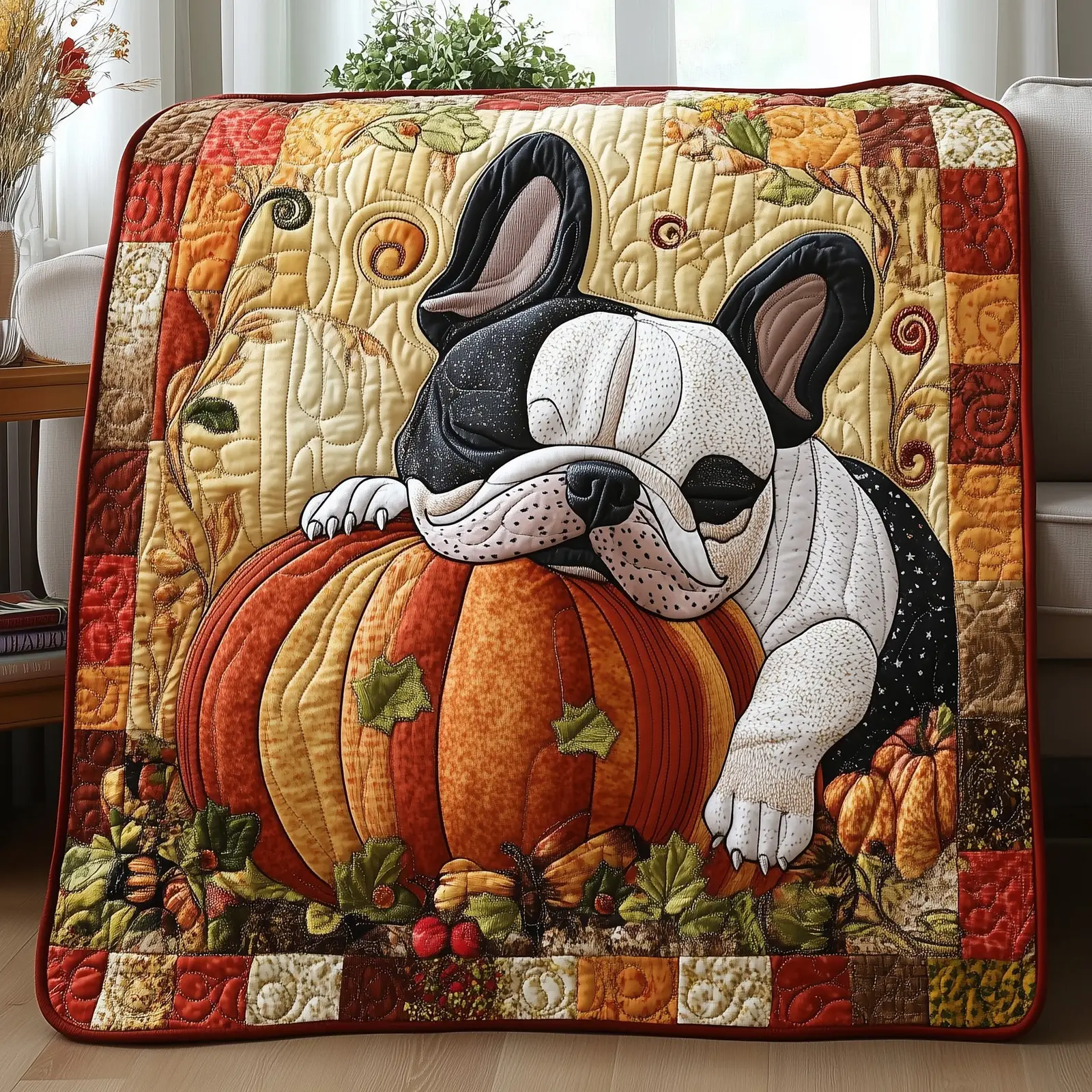 Autumn Frenchie Cute Dog Fall Theme Leaves Quilted Blanket Autumn Gifts For Bulldog Owners