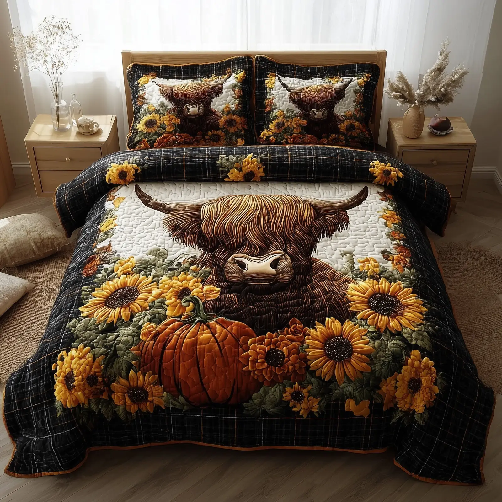Autumn Highland Cow Quilted Bedding Set Bed Decoration Highland Cow Merchandise Autumn Highland Cow Quilted Bedding Set Bed Decoration Highland Cow Merchandise - Image 1