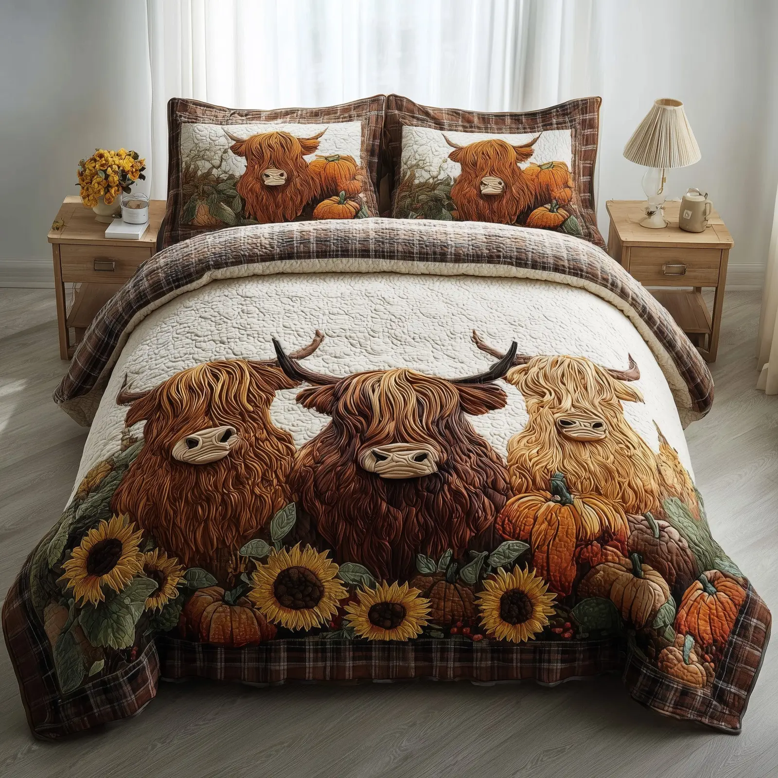 Autumn Highland Cow Quilted Bedding Set Bedroom Decor Highland Cow Gift Ideas