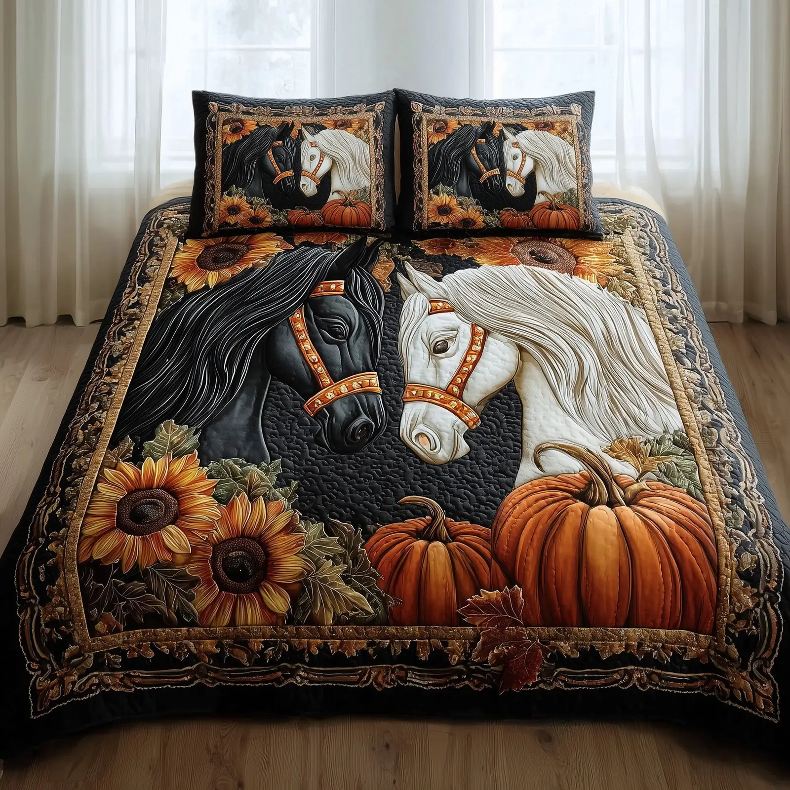 Autumn Pasture Gallop Quilted Bedding Set Bedroom Decor Horse Themed Presents